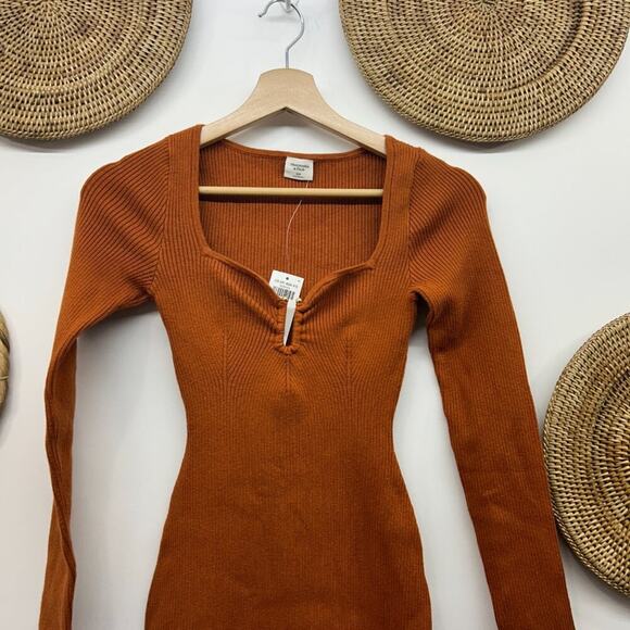 NEW Abercrombie Orange Long Sleeve Stretch Knit Mini Sweater Dress XSP XS PETITE - Picture 4 of 8